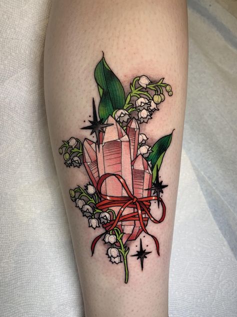 Rose Quartz Tattoo, Lily Of The Valley Tattoo, Valley Tattoo, Tato Tradisional, Crystal Tattoo, Witch Tattoo, 4 Tattoo, Tatuaje A Color, Tattoo Designs And Meanings