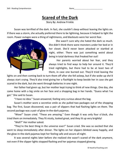 This Reading Comprehension Worksheet - Scared of the Dark is for teaching reading comprehension. Use this reading comprehension story to teach reading comprehension. Grade 6 Short Story Reading Comprehension Worksheets, Dark Reading, Story To Read, Reading Fluency Passages, Story Reading, Reading Comprehension For Kids, Stories To Read, Teaching Reading Comprehension, English Stories For Kids