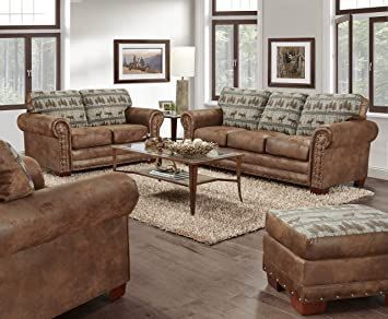 American Furniture Classics Model 8500-90K Deer Teal Lodge 4-Piece Living Room Set, Brown 4 Piece Living Room Set, Lodge Look, Black Forest Decor, Printed Chair, Perfect Chair, Meridian Furniture, Online Furniture Shopping, American Furniture, Modway Furniture