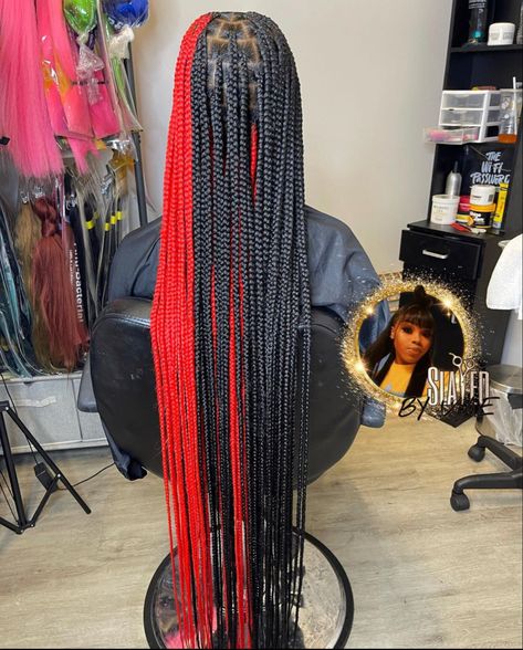 hairstyles for black girls. long red and black knot less. Half Half Knotless Braids, Hair Extensions For Braiding, Red Skunk Stripe Box Braids, Braids Hairstyles Red And Black, Neopolitan Colored Knotless Braids, Two Colored Braids Black Women, Red Peak A Boo Knotless Braids, Color Braid Ideas, But Length Braids