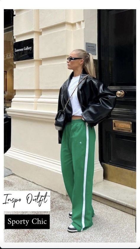 Green Adidas Track Pants Outfit, Green Adidas Pants Outfit, Sport Aesthetic Outfit, Green Track Pants Outfit, Adidas Firebird Pants Outfit, Casual Green Outfit, Dark Green Outfit, Green Leather Dress, Green Outfit Aesthetic