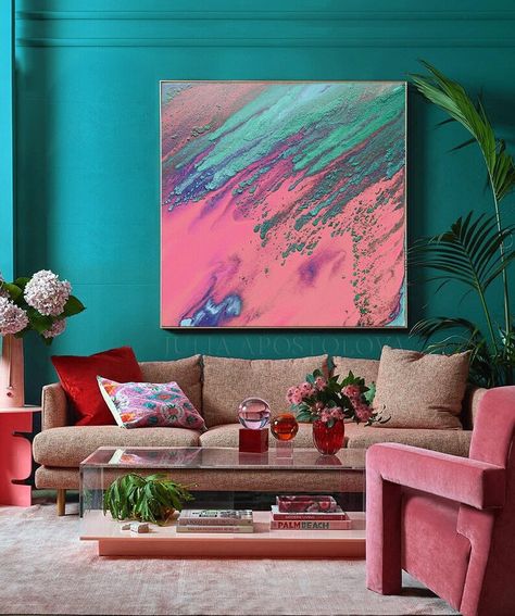 #Pink #Teal #Canvas #PinkPainting #Print of #Original #Abstract #Painting #AbstractPainting by #Julia Apostolova #modern #decor #interiordesiner #wallart #bohodecor #bohowallart #elective #aestetic #contemporary #interior #etsy #pinterest #estyshop #etsyart #etsyartist #juliaapostolovaart Magenta Wall Art, Maximalist Abstract Art, Hot Pink Abstract Wall Art, Zen Wall Decor, Pink And Turquoise Abstract Art, Pink And Purple Abstract Art, Teal Wall Art, Pink Abstract Art, Pink Abstract Painting