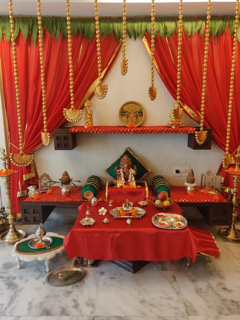 How To Decorate Mandir At Home, Puja Background Decoration, Mandir At Home, Puja Background, Ganesh Yantra, Ganesha Decoration, Gauri Decoration, Ganesha Festival, Chaturthi Decoration