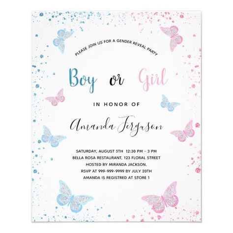 Gender reveal baby shower butterflies budget flyer Butterfly Gender Reveal Ideas, Butterfly Gender Reveal Party, Butterfly Gender Reveal, Gender Reveal Flyer, Baby Shower Games Unique, Fairy Garden Birthday Party, Budget Baby Shower, Baby Shower Prizes, Gender Neutral Baby Shower Invitations