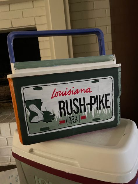 Frat Cooler License Plate, Frat Ice Chest, Frat Ice Chest Cooler Painting, Frat Cornhole Boards, Country Frat Cooler, Frat Coolers Formal Pike, Pike Formal Cooler, Frat Coolers Nashville, Pike Cooler Ideas Fraternity