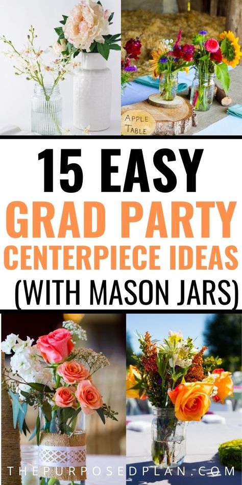 cute and easy graduation party centerpieces that will make your tables look AMAZING Mason Jar Filler Ideas Centerpieces, Graduation Centerpiece Ideas Mason Jars, College Grad Centerpiece Ideas, Graduation Table Centerpiece Ideas, Mason Jar Centerpiece Ideas, Graduation Mason Jar Centerpieces, High School Graduation Party Centerpiece, Graduation Centerpiece Ideas 2023, Centerpieces For Grad Party