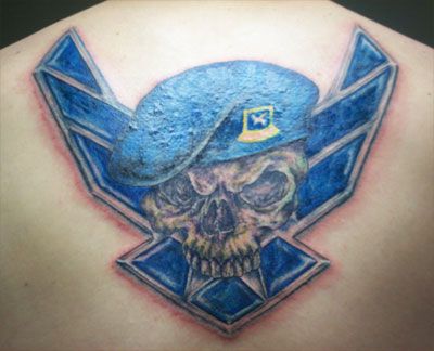 USAF Security Forces tattoo... Like this, but I will have the beret done in Black & the AF logo will be done in a deeper blue. This will be on my back. Air Force Tattoo Ideas, Air Force Tattoo, Patriotic Tattoos, Military Videos, Army Tattoos, Tattoo Lettering Styles, Military Pride, Military Tattoos, Military Quotes