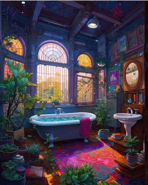 Fantasy Bathroom Concept Art, 80s Fantasy Aesthetic, City Bloxburg, Bathtub Illustration, Lofi Wallpaper, Bathroom Illustration, Bathtub Aesthetic, Bathroom Drawing, Fairytale Bedroom