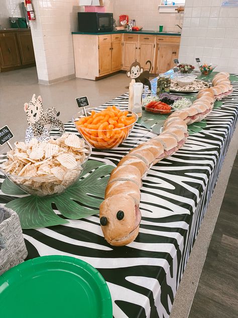 Jungle Themed 3rd Birthday Party, Wild And Three Birthday Activities, Jungle Theme Birthday Party Food Ideas, Party Animals Food Ideas, Snake Bday Party, Wild Life Birthday Theme, Jungle Safari Birthday Party Food, Rainforest Birthday Party Ideas, Snake Sandwich Birthday Parties