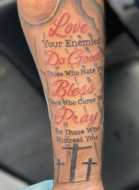 Scripture Leg Tattoos For Men, Red Tattoo Men Forearm, Forearm Scripture Tattoo Men, Tattoo Ideas Male Meaningful, Forearm Tattoo Men Sleeve Red Ink, Red Forearm Tattoo Black Women, Bible Scriptures Tattoos For Men, Arm Tattoos Lettering, Arm Quote Tattoos