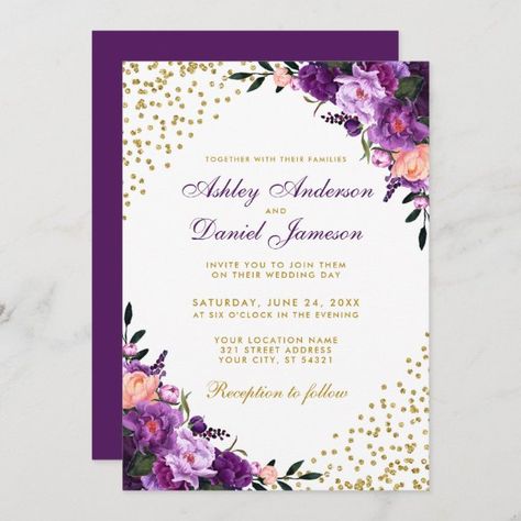 Purple Ultra Violet Floral Gold Glitter Wedding Invitation Wedding Suggestions, Lilac Wedding Bouquet, 95th Birthday, Purple And Gold Wedding, Gold Glitter Wedding, Gold Wedding Invitation, Wedding Purple, Quinceanera Ideas, Glitter Wedding Invitations