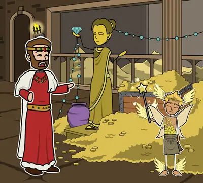 King Midas and the Golden Touch - Theme King Midas And The Golden Touch, Theme Of A Story, Crying Cartoon, Activity For Students, Fairy Boy, King Midas, Higher Level Thinking, King Do, Magic Gift