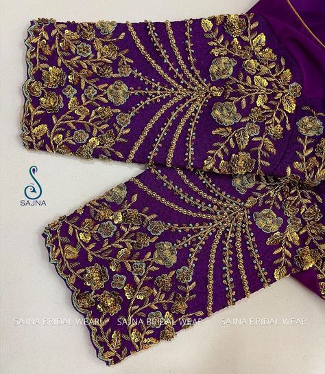 Peta Work Embroidery Blouse, New Maggam Work Designs 2022, Purple Color Blouse Maggam Work, Arya Work Blouse Designs Bridal, Violet Colour Maggam Work Blouses, Purple Maggam Work Blouse Designs, Purple Color Blouse Designs, Purple Aari Work Blouse, Purple Bridal Blouse