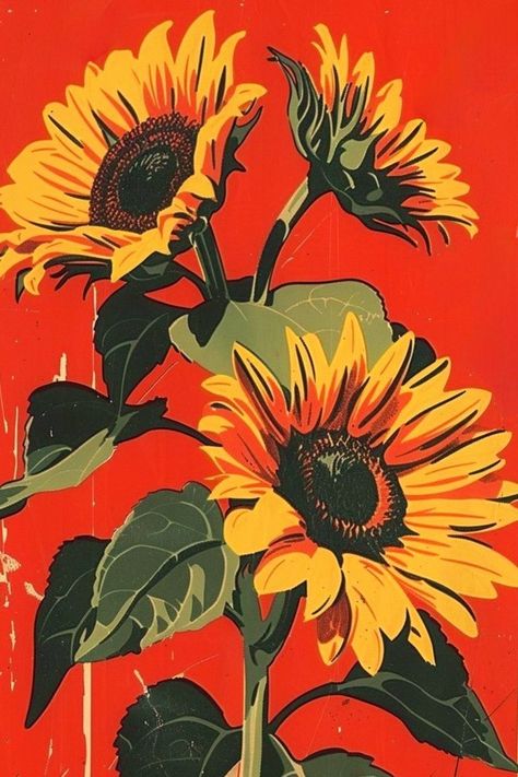 Old Poster Aesthetic, Bold Red Aesthetic, Sunflower Drawing Aesthetic, Vintage Illustration Wallpaper, Sunflower Art Drawing, Red Background Flower, Red Flowers Drawing, Simple Sunflower Painting, Sunflowers Illustration