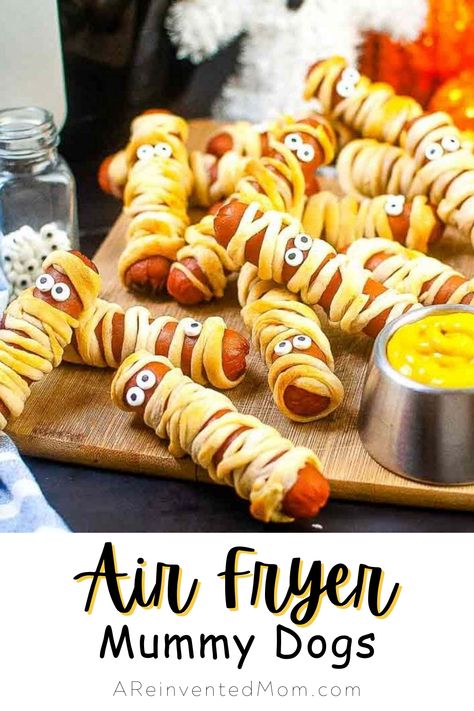 Enjoy these festive Halloween Air Fryer Mummy Dogs at your next Halloween gathering. Ready in under 30 minutes, they are a kid favorite and will make your party table look amazing. Hot Dog Crescent Rolls, Mummy Hot Dogs, Mummy Dogs, Poppers Recipe, Halloween Treats Easy, Air Fry Recipes, Crescent Roll Dough, Easy Air Fryer, Air Fryer Recipes Healthy