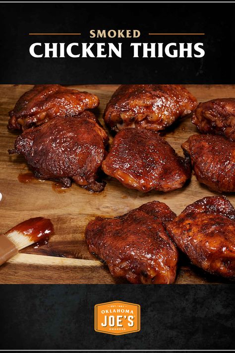 Bring out the best in dark meat flavor with these smoked chicken thighs smothered in a sweet and zesty BBQ sauce. Using hickory, oak or pecan wood in your smoker, these thighs will soak up smoke and deliver big on taste. Chicken In The Smoker Recipes, Smoked Chicken Thighs, Oklahoma Joe Smoker Recipes, Chicken Thighs Smoker Recipes, Smoked Chicken Legs Electric Smoker, Smoked Chicken Thighs Electric Smoker, Spatchcock Chicken Smoked Traeger, Pit Boss Smoked Chicken, Smoked Chicken Recipes