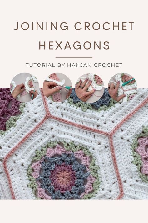 Joining Crochet Hexagons Together Crochet Joining Hexagons, How To Join Hexagon Granny Squares, How To Crochet Hexagons Together, Join As You Go Hexagon Crochet, Joining Hexagon Granny Squares, Joining Crochet Hexagons Together, Joining Crochet Pieces Together, Crochet Joining Techniques, Joining Crochet