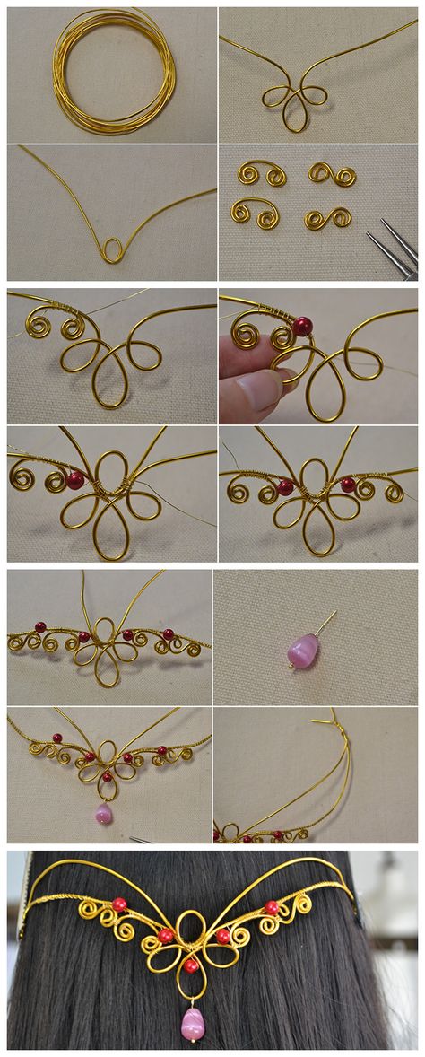 #Beebeecraft tutorials on How to Make a Golden #BridalHeadpiece with Wires and Beads Diy Crown Jewelry, Golden Wire Art, Craft Crown Ideas, Wire Wrapped Crown Tiaras, Diy Wire Circlet, How To Make A Fairy Crown, Tiara Diy Tutorials, How To Make Rings Out Of Wire And Beads, How To Make A Wire Crown