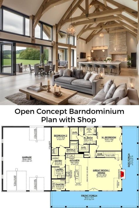 One Floor Barndominium Plans, Barndo Open Concept, Barndomiums Floor Plans, Floor Plans For Barndominium, 4bedroom Barndominium Plans, 1 Floor Barndominium, Open Living Floor Plan, Barndominium Ideas Small Floor Plans, 2 Story Barndominium Exterior