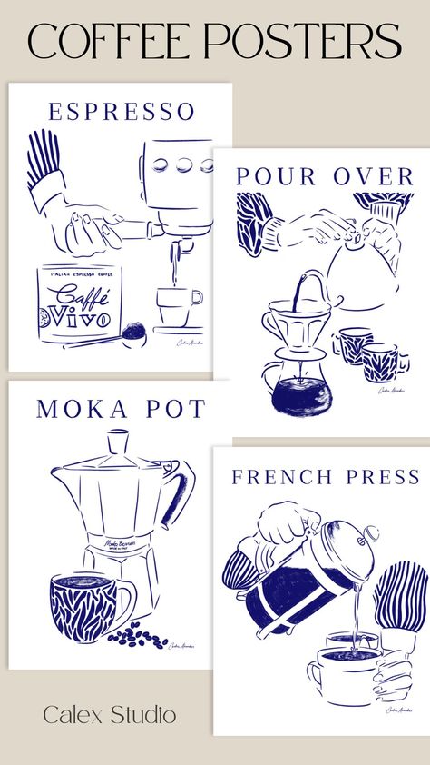 Pick your favorite brewing method or get a coffee line art print for each - Espresso, Pour Over Coffee, Moka Pot, and French Press. Coffee wall art hand drawn by Candace Alexandres, coffee art print for kitchen Coffee Wall Art Ideas, Cafe Pattern Design, Coffee Hand Drawn, Coffee House Illustration, Cafe Inspired Kitchen, Espresso Illustration, Coffee Methods, Coffee Graphic Design, Coffee Moka Pot