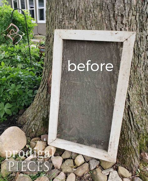 Garden Shed Screen Before Upcycle by Larissa of Prodigal Pieces | prodigalpieces.com #prodigalpieces Painting A Window, Window Screen Crafts, Painted Window Screens, Old Window Screens, Bed Spring Crafts, Old Window Projects, Window Projects, Screen Painting, Window Screen