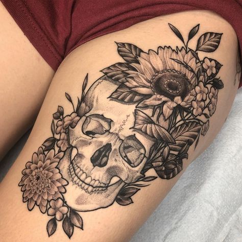 Skull Floral Tattoo, Skull With Flowers Tattoo, Upper Leg Tattoos, Feminine Skull Tattoos, Feminist Tattoo, Skull And Flowers, Ink Therapy, Galaxy Tattoo, Family Tattoo