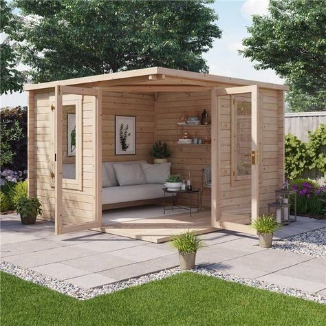 Garden Shelter Ideas and Solutions (With Pics) Small Garden Summer House Ideas, Garden Shelter Ideas, Outdoor Shelter Ideas, Cabin Fits, Cabin Backyard, Residential Log Cabins, Garden Shelter, Corner Sheds, Garden Log Cabins