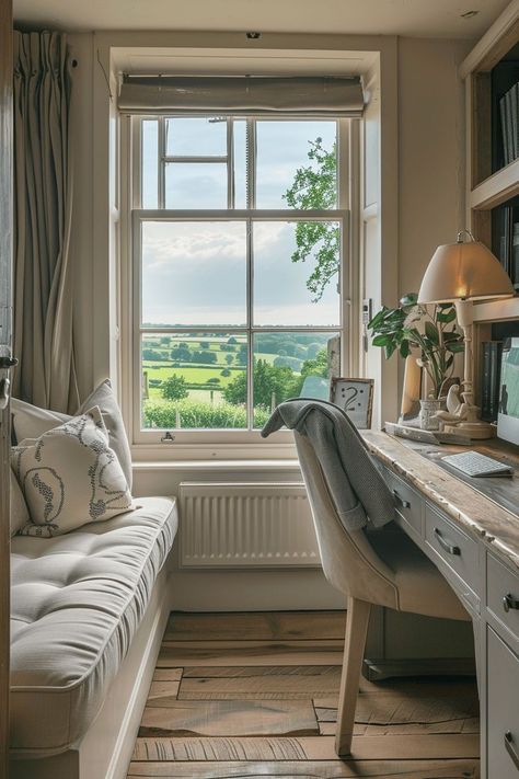 Cozy Cottage Corner with Window Seat and Desk British Style Home, English Countryside Home, Built In Window Seat, Countryside Home, Traditional Home Office, Classic Fireplace, Perfect English, Rustic Desk, Cozy Home Office