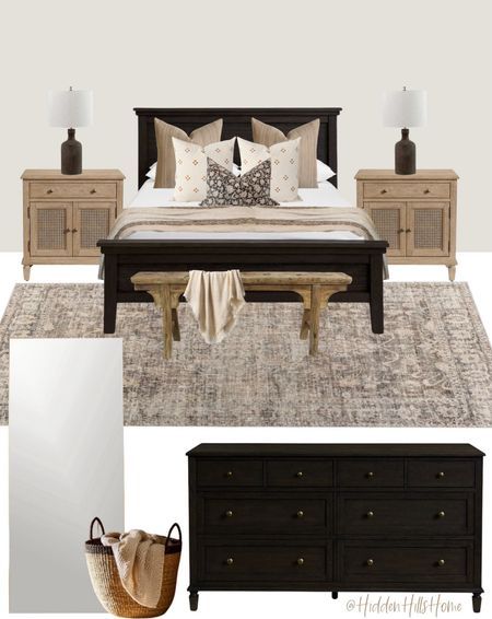 Dark Gray Bedframe, Light Wood Nightstand, Modern Transitional Bedroom, Espresso Bed, Brown Bed Frame, Dark Wood Bedroom Furniture, Transitional Bedroom Design, Dark Wood Bedroom, Dark Bedroom Furniture