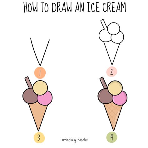 Learn how to draw a cute ice cream cone, follow the step by step guide. How To Draw Ice Cream, Easy Ice Cream Cone Drawing, Ice Cream Sundae Drawing Easy, Cartoon Ice Cream Cone Drawing, I’ve Cream Cone Drawing, Ice Cream Doodle Step By Step, Dotted Letters, Dot Letters, Cute Ice Cream