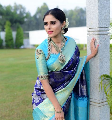 embroidery work blouses on Instagram: “Embroidery work blouses . . . . . . . . . . . . . #wedmegood #wedmegoodsouth #embroideryworkblouses #bridalmakeup #southindianbridalfashion…” Blue Pattu Blouse Designs, Blouse Designs High Neck, Kanjivaram Saree, Pattu Saree Blouse Designs, Traditional Blouse Designs, New Saree Blouse Designs, Latest Model Blouse Designs, Fashionable Saree Blouse Designs, Cutwork Blouse Designs