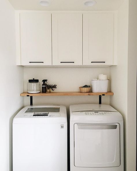 small shelf above the washer and dryer Small Laundry Mud Room Ideas, Small Laundry Mud Room, Very Small Laundry Room Ideas, Laundry Mud Room Ideas, Very Small Laundry Room, Custom Laundry Room, Laundry Room Storage Shelves, Small Laundry Room Makeover, Small Laundry Room Organization