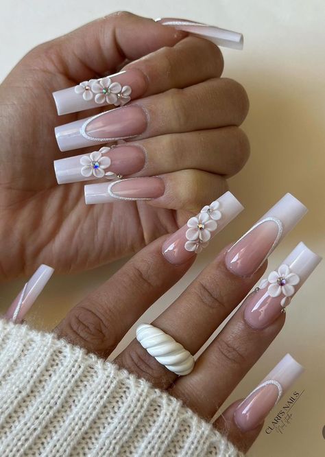 White Nails Ideas Square, White French Tip Square Nails, White French Tip Nails With Design Ideas, Cheap Nail Ideas, Milky White Nails Acrylic, Frenchies Nails, Bejeweled Nails, Nails Miami, White Frenchies