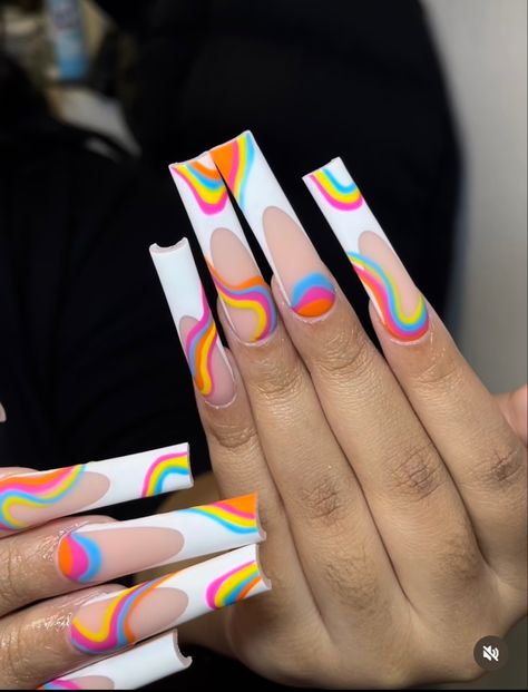 Nicki Inspired Nails, Long Square Summer Nails, Pride Nail Ideas, Lsd Nails, Pride Nail, Acrylic Nails Long, Colourful Acrylic Nails, Rainbow Nails Design, Long Acrylic Nail Designs