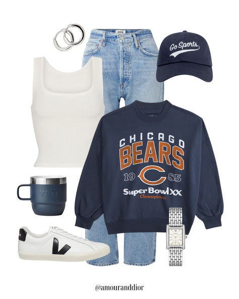 What to wear: styling sportswear 🏈  NFL gear for women, activewear, go sports sweatshirt, go team sweatshirt, go sports hat, football game outfit, fall outfit, casual outfit, trainers, veja sneakers, denim, blue jeans #LTKFallSale Bengals Outfit Woman, Warm Football Game Outfit, Bears Game Outfit, Styling Sportswear, Football Outfits For Women Winter, Cubs Game Outfit Women, Fall Football Outfits, Fall Football Game Outfit For Women, Fall Football Game Outfit