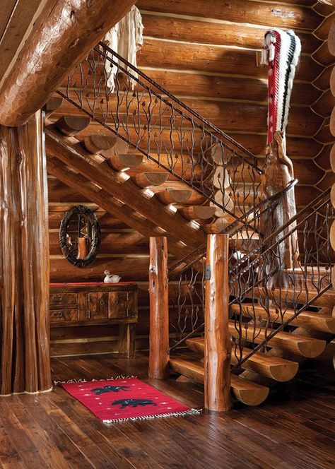 This Gorgeous Log Cabin Pays Homage to Our National Parks | With massive, flared red cedar posts and half-log stairs, a handcrafted Jackson home echoes the iconic lodges of Yosemite and Yellowstone. . . #logcabin #precisioncraftloghomes #loghome #loghomedesign #logcabindesign #mountainhomes #mountainliving #rustichomedecor #jacksonwyoming #jacksonhole Log Stairs, Cabin Stairs, Rustic Stairs, Log Cabin Living, Log Cabin Interior, Cedar Posts, Log Home Interiors, Log Home Designs, Log Cabin Ideas