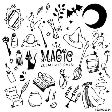 Stock Image: Magic Illustration Pack (Elements)/Witch,Fantasy/Doodle Clip Art/Hand Drawn Witch Drawing Ideas, Magic Illustration, Autumn Doodles, Magic Drawing, Witch Drawing, Bujo Doodles, Iris Painting, Doodle Tattoo, Doodle Inspiration