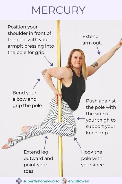 The mercury is one of the basic spins/moves in pole dancing. Although don't be fooled by the term "beginner." This pole dance move will still involve testing your strength and core muscles. Beginner Pole Moves, Pole Beginner, Pole Moves Beginner, Pole Dancing Fitness Beginners, Pole Dancing Moves, Pole Fitness Beginner, Pole Dancing For Beginners, Pole Photoshoot, Beginner Pole