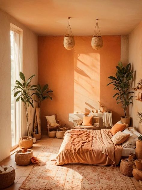 Terracotta Yellow Bedroom, Bedroom Orange Aesthetic, Desert Room Aesthetic, Light Orange Boho Bedroom, Apricot Bedroom, Peach Bedroom Ideas, Desert Sunset Aesthetic Bedroom, Terracotta Bedroom Beds & Frames, Terracotta Interior Design