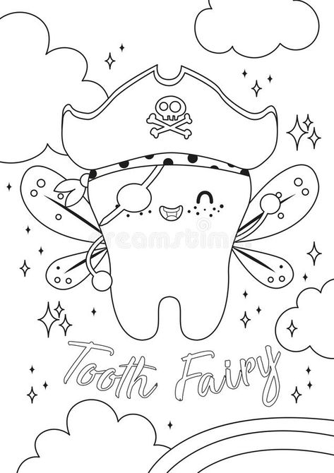 Illustration about Tooth fairy. Vector cartoon illustration. #dreamstime #tooth #fairy #dental #dentist #coloring #page #drawing #line #art #kids #pirate #book Tooth Fairy Coloring Page, Dental Coloring Pages, Dentist Drawing, Tooth Outline, Fairy Vector, Teeth Illustration, Teeth Drawing, Teeth Art, Fairy Drawings