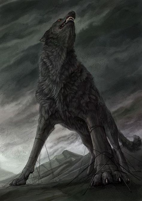 In Norse mythology, Fenrir (Old Norse: "fen-dweller"), Fenrisúlfr (Old Norse: "Fenris wolf"), Hróðvitnir (Old Norse: "fame-wolf"), or Vánagandr (Old Norse: "the monster of the river Ván") is a monstrous wolf. In both the Poetic Edda and Prose Edda, Fenrir is the father of the wolves Sköll and Hati Hróðvitnisson, is a son of Loki, and is foretold to kill the God Odin during the events of Ragnarök, but will in turn be killed by Odin's son, Víðarr. Fenrir Tattoo, Odin God, Norse Myth, Old Norse, Norse Vikings, A Wolf, Black Wolf, Mythological Creatures, Wolf Art