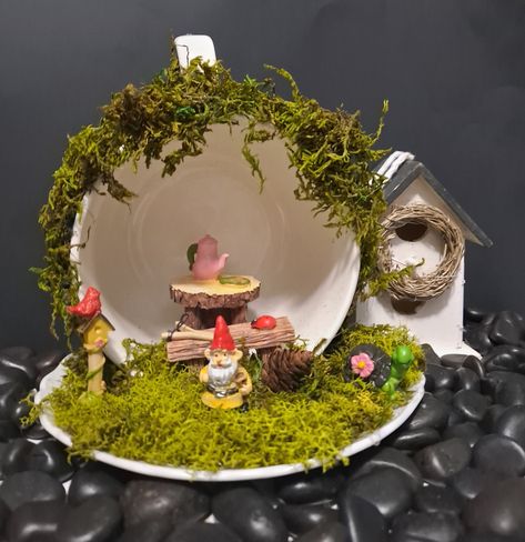 Not every single person wants a fairy in their garden. Maybe someone prefers a gnome? I'll be offering some alternative options when I teach my upcoming Teacup Fairy Garden classes. Yea Cup, Teacup Fairy Garden, Fairy Teacup Garden, Fairy Teacup, Fairy Life, Dollar Tree Easter Crafts, Tea Cup Centerpieces, Cup And Saucer Crafts, Floating Tea Cup