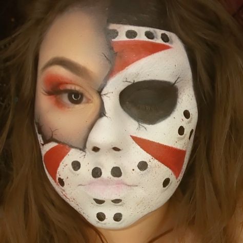 Jason Voorhees Face Paint, Friday 13th Makeup, Jason Voorhees Costume Women, Female Jason Costume, Jason Vorhees Costume Women, Jason Voorhees Costume Female, Jason Makeup Halloween, Jason Voorhees Makeup, Female Jason Voorhees