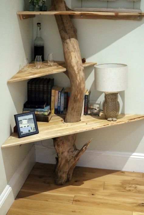 Tree Corner, Trunk Furniture, Rustic Furniture Design, Corner Bookshelf, Rustic Log Furniture, Tree Shelf, Shelf Diy, Meditation Room Decor, Driftwood Art Diy