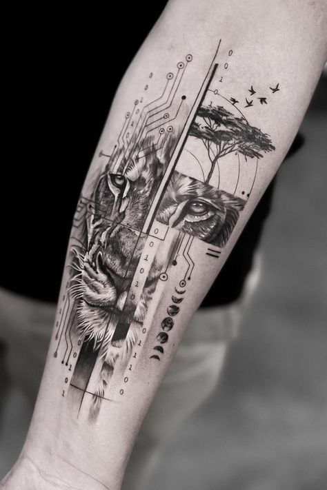 Geometric Tattoo Sleeve Designs, Geometric Lion Tattoo, Lion Tattoo Sleeves, Geometric Sleeve Tattoo, Lion Tattoo Design, Wrist Tattoos For Guys, Forearm Tattoo Design, Alien Tattoo, Geometric Tattoo Design