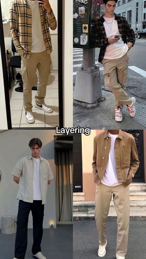 Aesthetic Outfit Ideas For Men, Mens Layered Fashion, Summer Man Style, Outfit Pantalon Beige Hombre, Layer Outfits Men, Men Summer Outfit Aesthetic Vintage, Uniqlo Men Outfit, Mens Layering Outfits, Layering Outfits Men