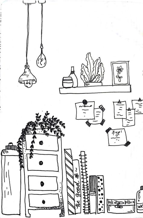 Interior Doodle Art, Garden Shed Drawing, Shelf Drawing Sketch, Shelf Doodle, Window Doodle, Room Doodle, Table Doodle, Room Coloring Pages, Shelf Drawing