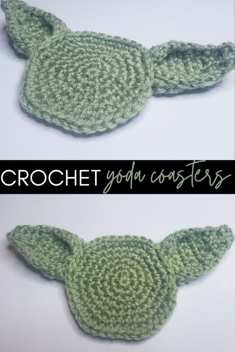 Hello, hi & welcome back! I'm excited to share how to crochet these quick and simple Yoda Coasters! These whip up quickly and make the perfect handmade gift idea for the Star Wars fan in your life! This pattern consists of three pieces that are stitched together. Star Wars Handmade Gifts, Coaster Crochet Ideas, Amigurumi Starwars, Crochet Starwars, Starwars Crochet, Crochet Alien, Mandala Coasters, Star Wars Crochet, Coasters Crochet