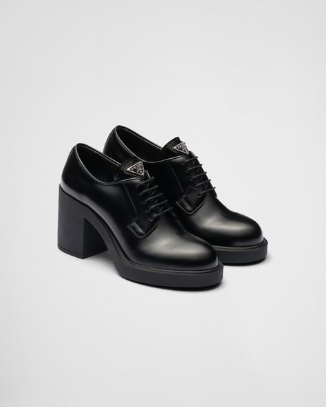 Black Heeled Brushed Leather Lace-ups | PRADA Tall Shoes, Devil Wears Prada, Fashion Aesthetics, Korean Girl Fashion, Shoe Boutique, Triangle Logo, Prada Shoes, Lace Up Heels, Dream Clothes