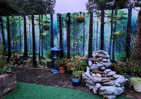 Shower Curtain Gardeners! (Interiors Too!) | I threw these up between rain showers Backyard Mural, Garden Mural, Curtain Ideas, Rain Shower, Shower Curtains, Fence, Shower Curtain, Let Me, Mural